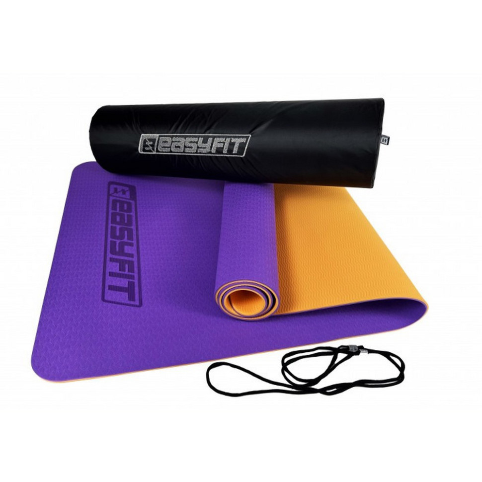 Килимок для йоги та фітнесу EasyFit EF-1924E-VO, TPE+TC 6 мм, двошаровий + Чохол фіолетовий з помаранчевим