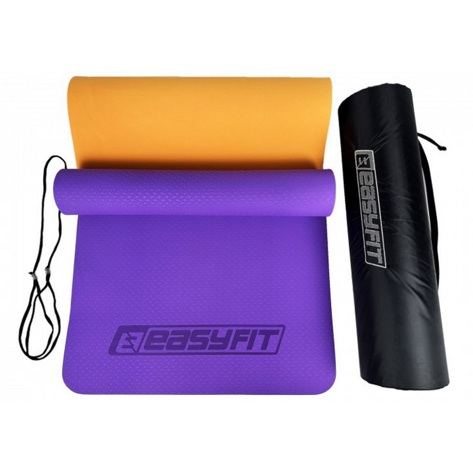 Килимок для йоги та фітнесу EasyFit EF-1924E-VO, TPE+TC 6 мм, двошаровий + Чохол фіолетовий з помаранчевим