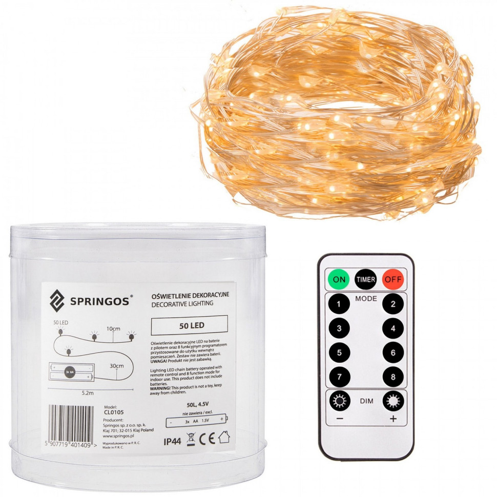 Гирлянда на батарейках Springos CL0105, 4.9 м 50 LED-Pilot, Warm White