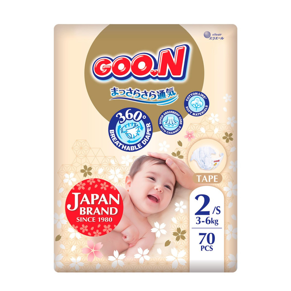 Подгузники для детей GOO.N Premium Soft F1010101-153, 3-6 кг (размер 2(S) на липучках, унисекс 70 шт)