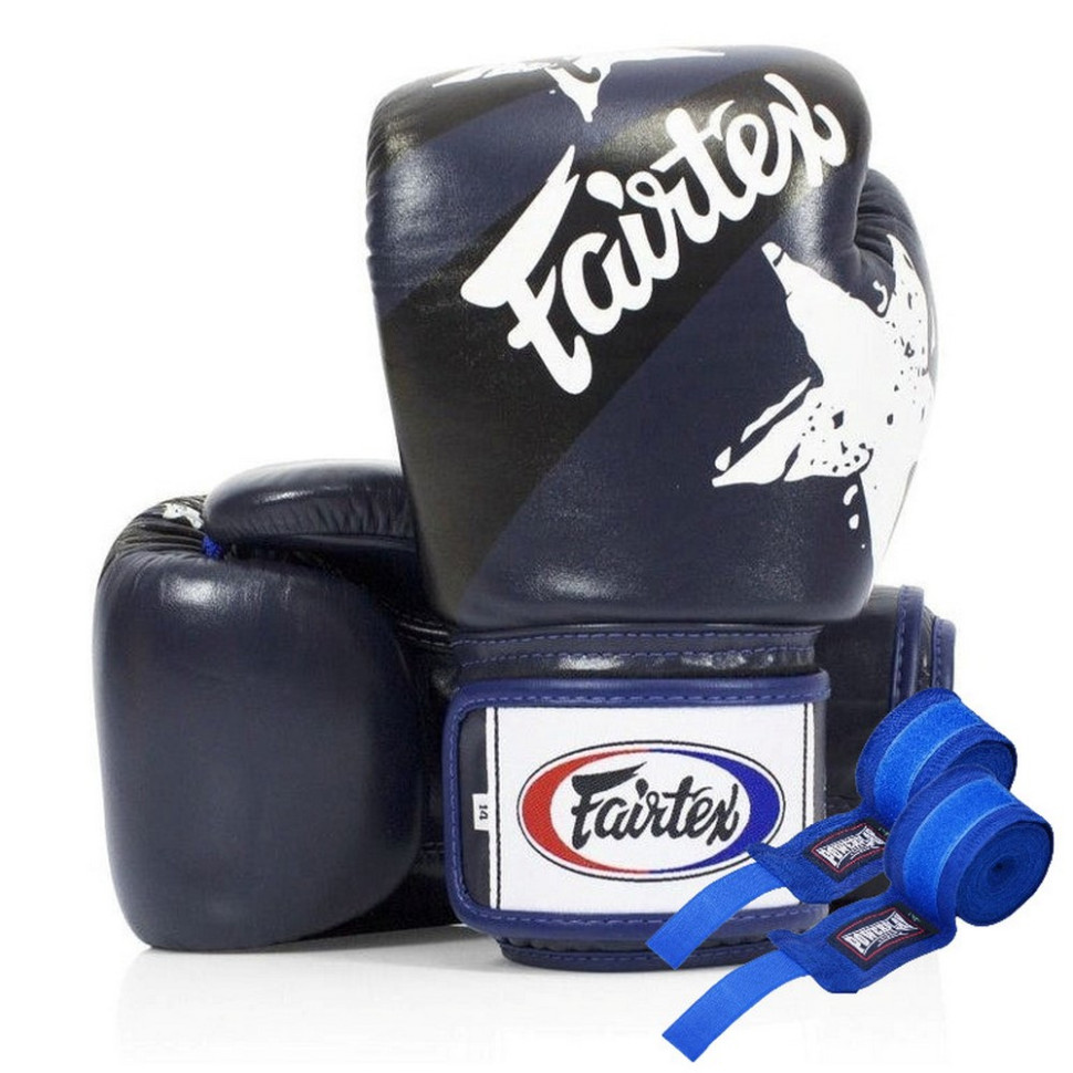Боксерские перчатки BGV1 Nation Print Fairtex BGV1_Print_12oz_Blue 12 унций (бинты в комплекте)