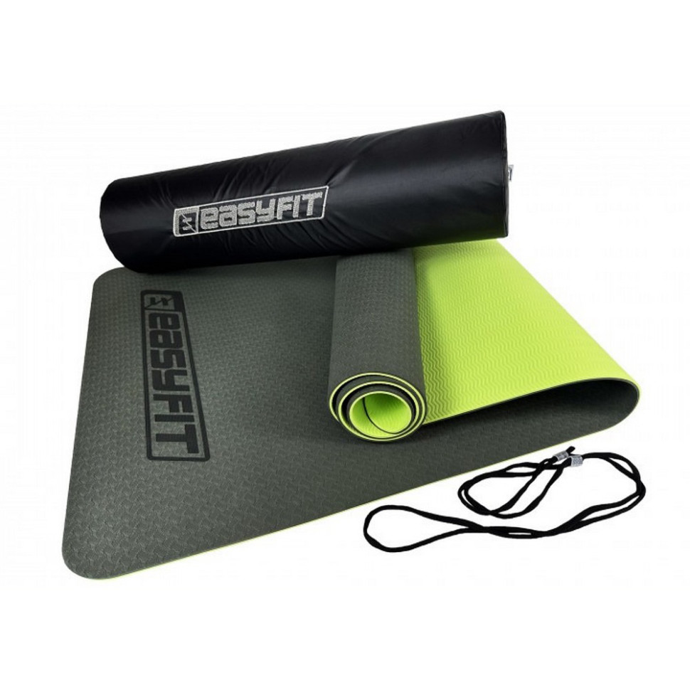 Килимок для йоги та фітнесу EasyFit EF-1924E-BG, TPE+TC 6 мм, двошаровий + Чохол чорний із зеленим