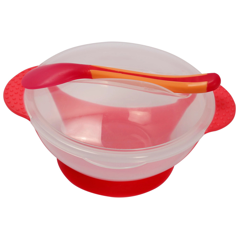 Тарілка на присосці прозора Mega Zayka MGZ-0100(Red) з термоложкою та кришкою