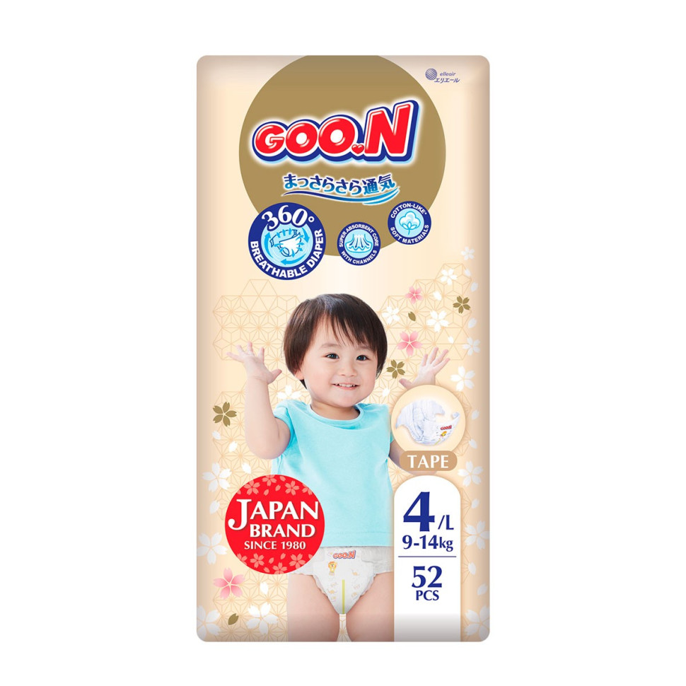 Подгузники для детей GOO.N Premium Soft F1010101-155, 9-14 кг (размер 4(L) на липучках, унисекс 52 шт)
