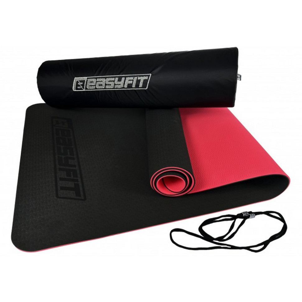 Килимок для йоги та фітнесу EasyFit EF-1924E-BR, TPE+TC 6 мм, двошаровий + Чохол чорний з червоним