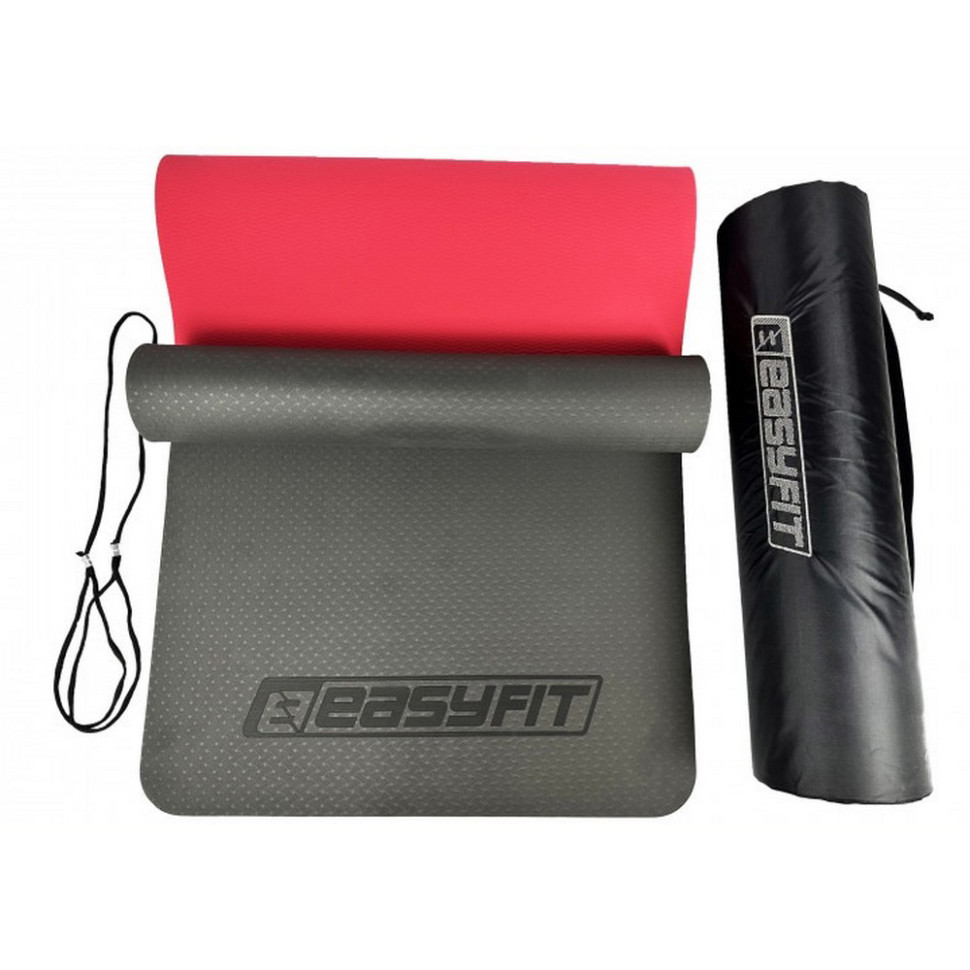 Килимок для йоги та фітнесу EasyFit EF-1924E-BR, TPE+TC 6 мм, двошаровий + Чохол чорний з червоним