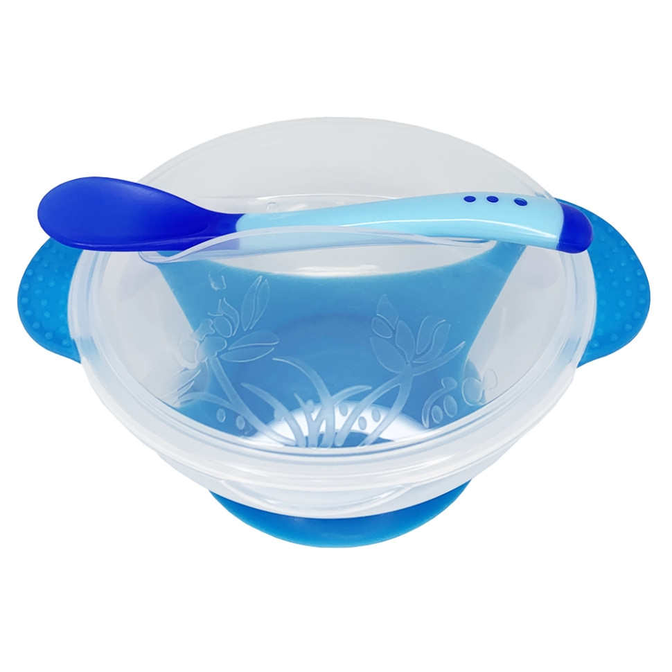 Тарелка на присоске прозрачная Mega Zayka MGZ-0100(Blue) с термоложкой и крышкой