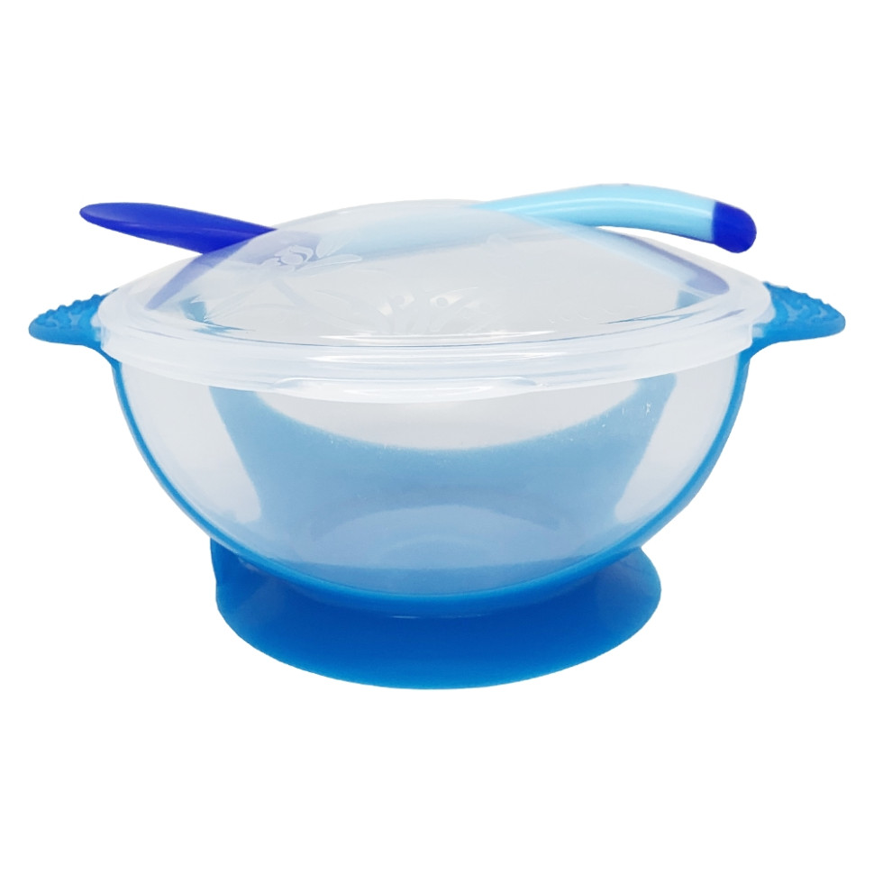 Тарелка на присоске прозрачная Mega Zayka MGZ-0100(Blue) с термоложкой и крышкой