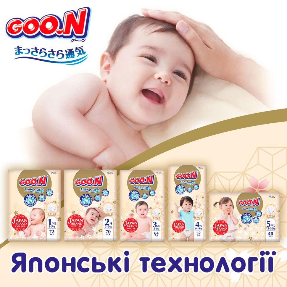 Подгузники для младенцев GOO.N Premium Soft F1010101-152 до 5 кг (1(NB), на липучках, унисекс 72 шт)