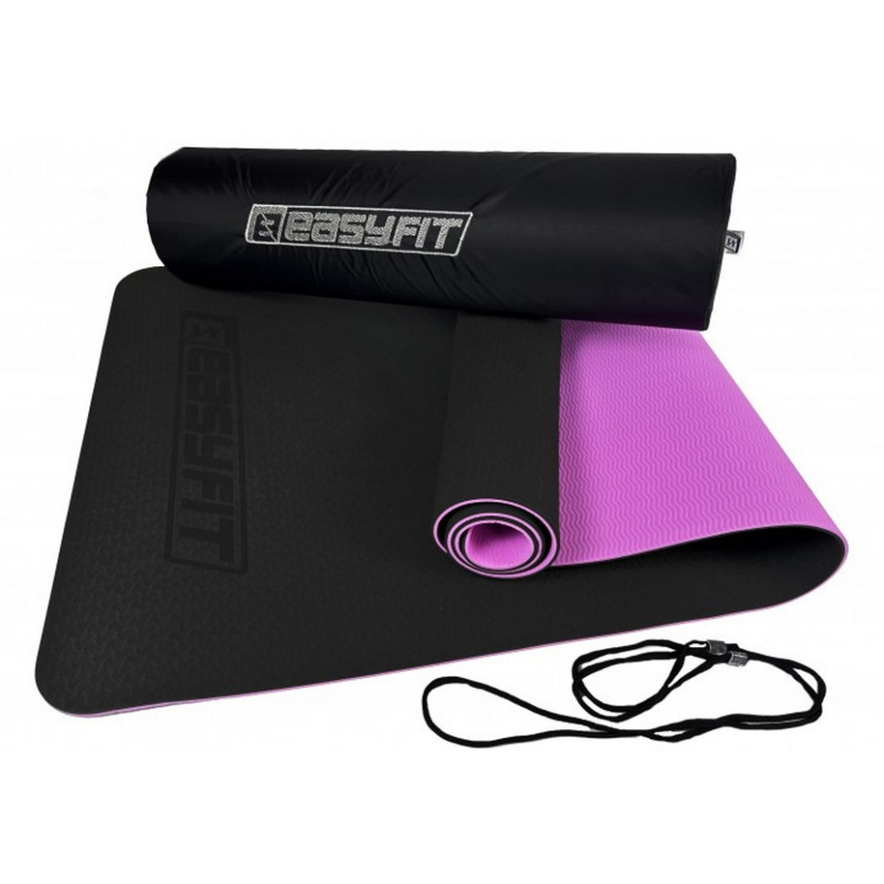 Килимок для йоги та фітнесу EasyFit EF-1924E-BV, TPE+TC 6 мм, двошаровий + Чохол чорний з фіолетовим