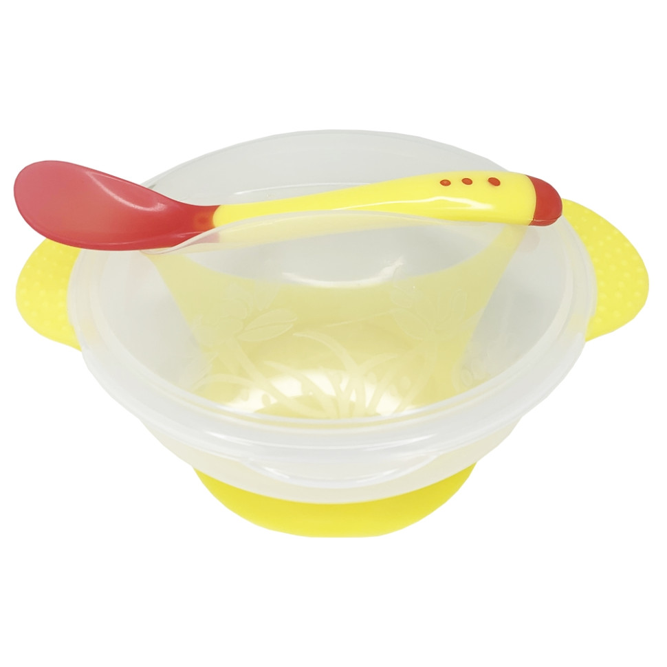 Тарілка на присосці прозора Mega Zayka MGZ-0100(Yellow) з термоложкою та кришкою