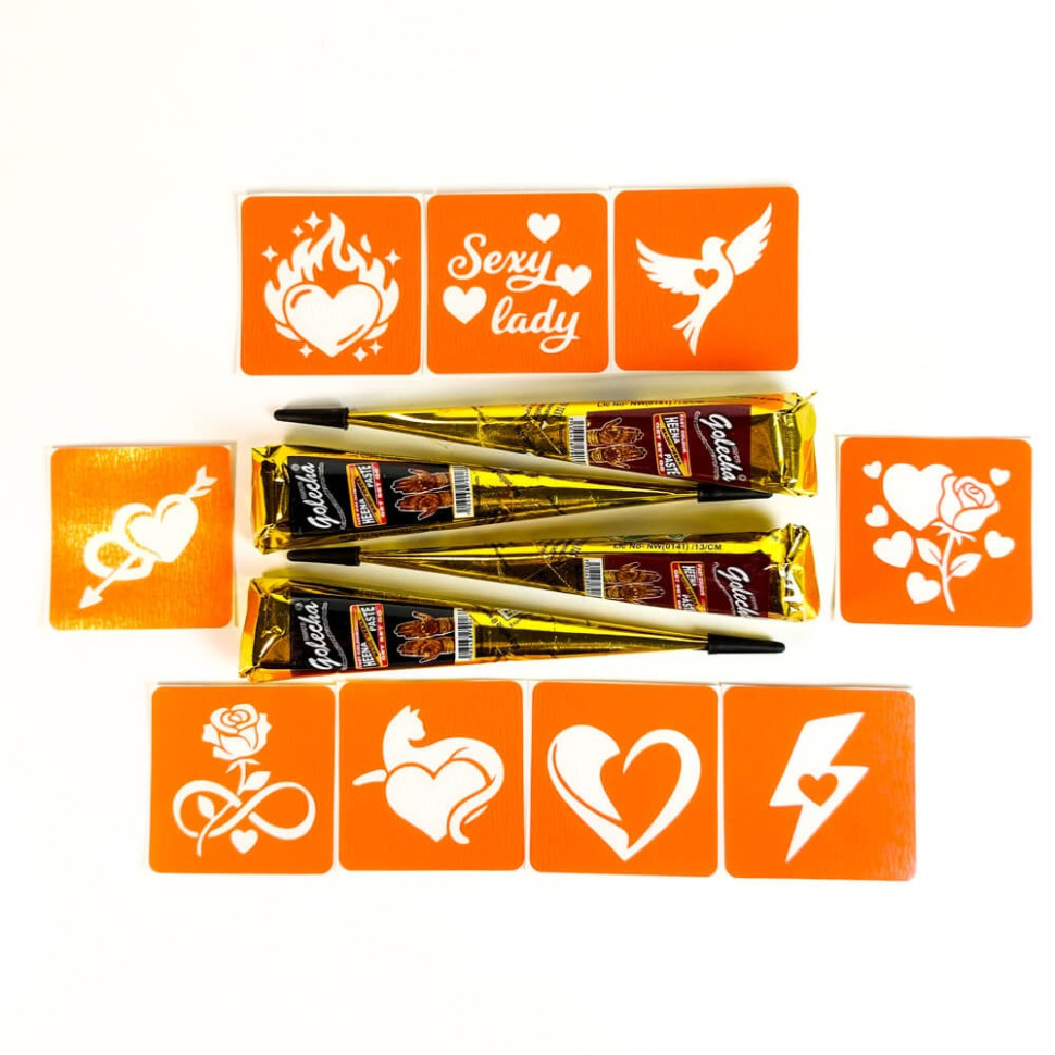 Набір хни з трафаретами для біо-тату №9 Fresh Tattoo henna-set-09, 9 трафаретів