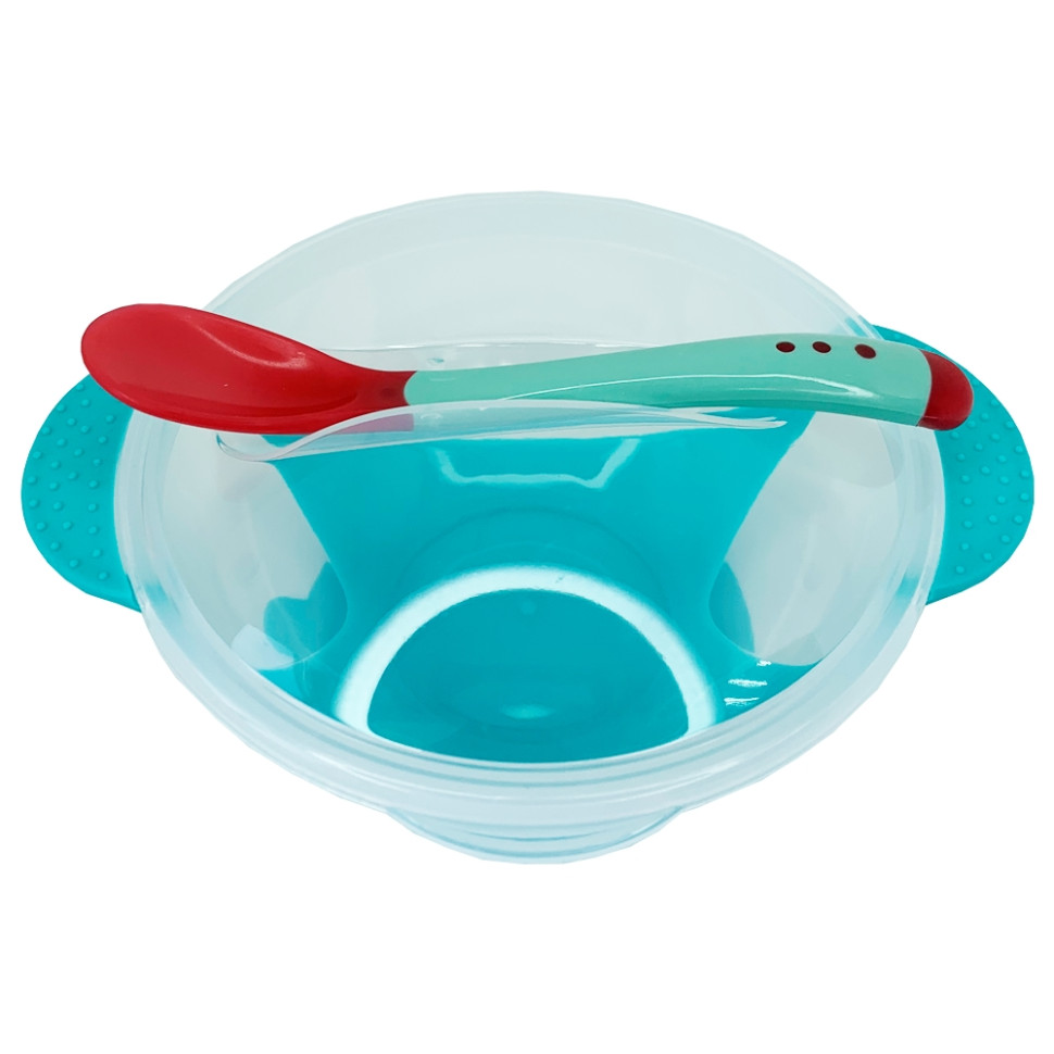 Тарілка на присосці прозора Mega Zayka MGZ-0100(Turquoise) з термоложкою та кришкою