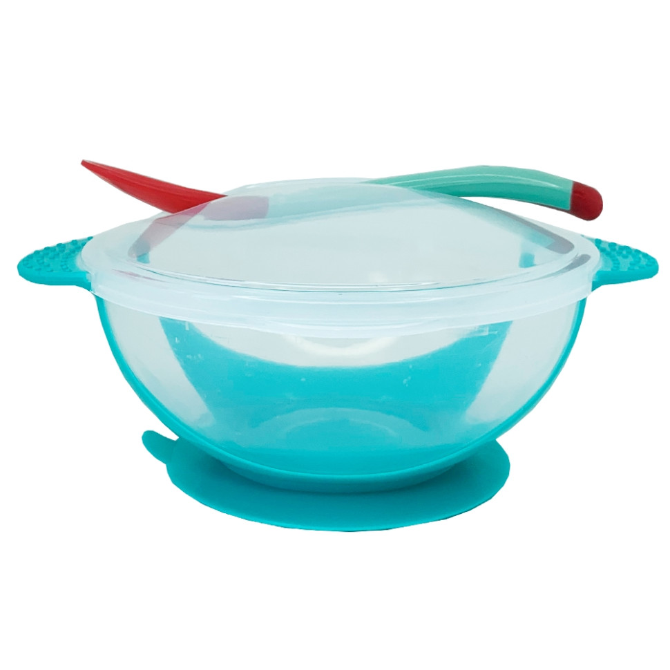 Тарілка на присосці прозора Mega Zayka MGZ-0100(Turquoise) з термоложкою та кришкою