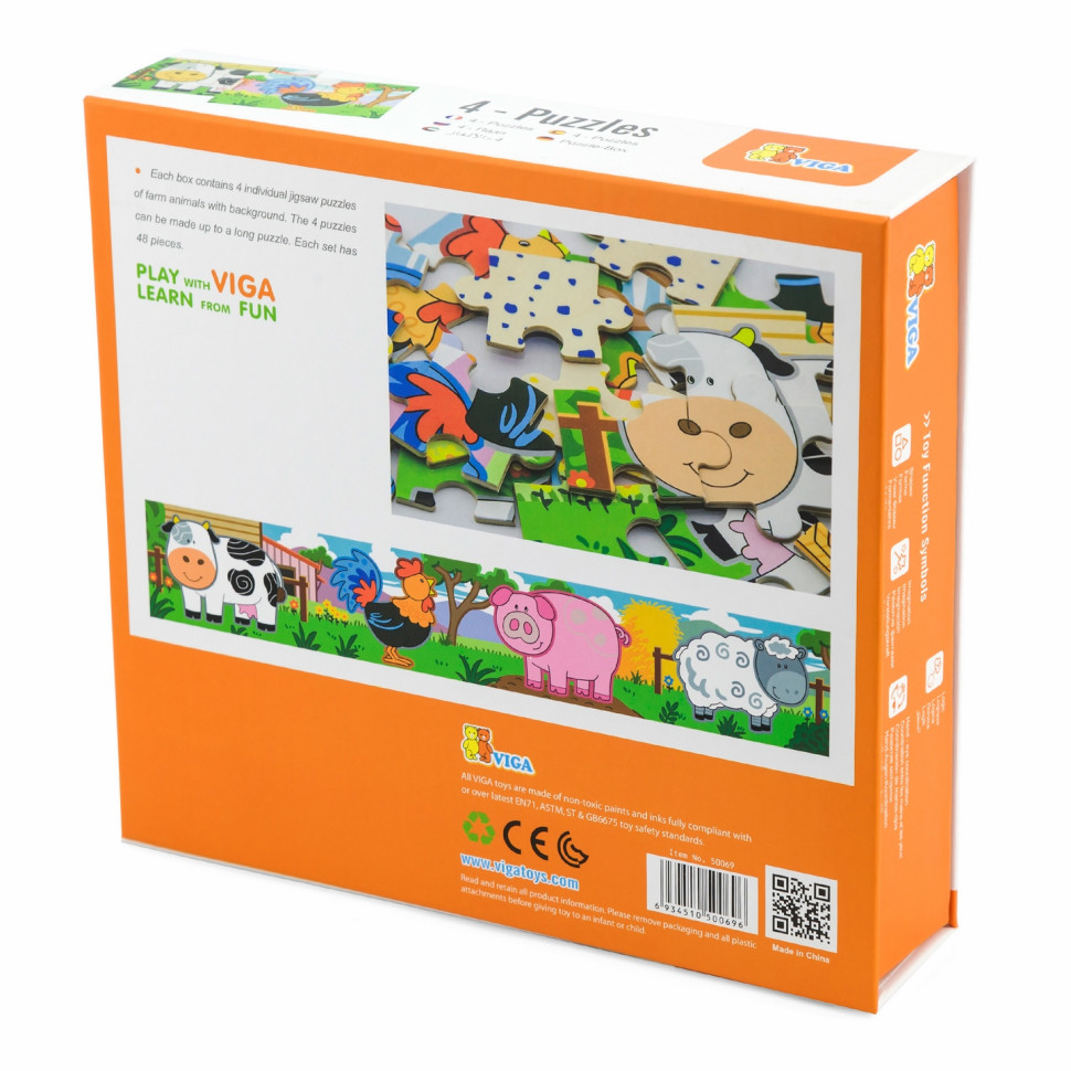 Набор деревянных пазлов Ферма Viga Toys 50069, 4 в 1, 48 элементов
