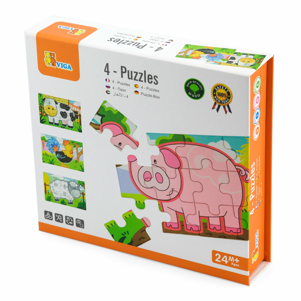 Набор деревянных пазлов Ферма Viga Toys 50069, 4 в 1, 48 элементов