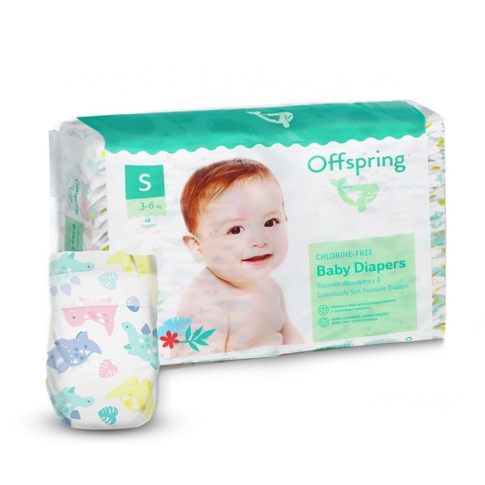 Подгузники для детей 3-6 кг Offspring DP-OI-FAT-S48P-DNL размер S 48 штук
