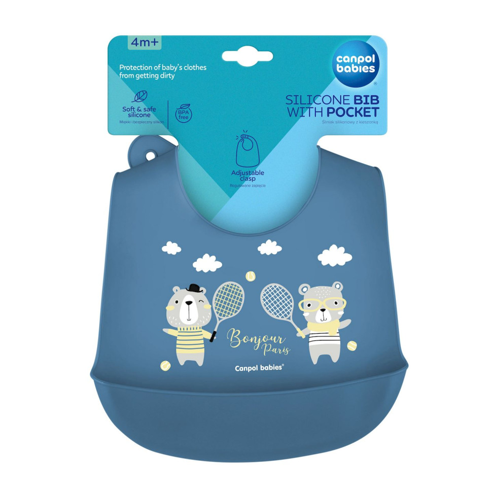 Дитячий силіконовий слинявчик з кишенькою Bonjour Paris Canpol babies 74/027_blu синій