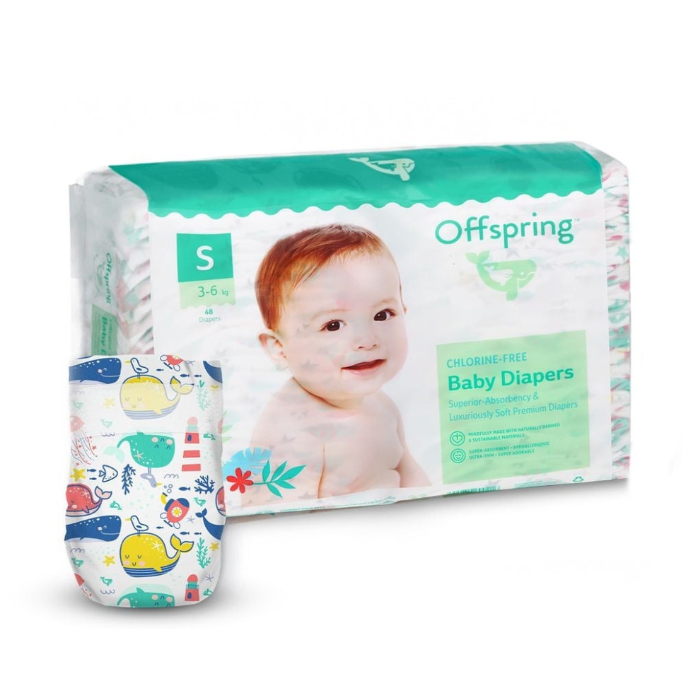 Підгузки для дітей 3-6 кг Offspring DP-OI-FAT-S48P-WTW розмір S 48 штук