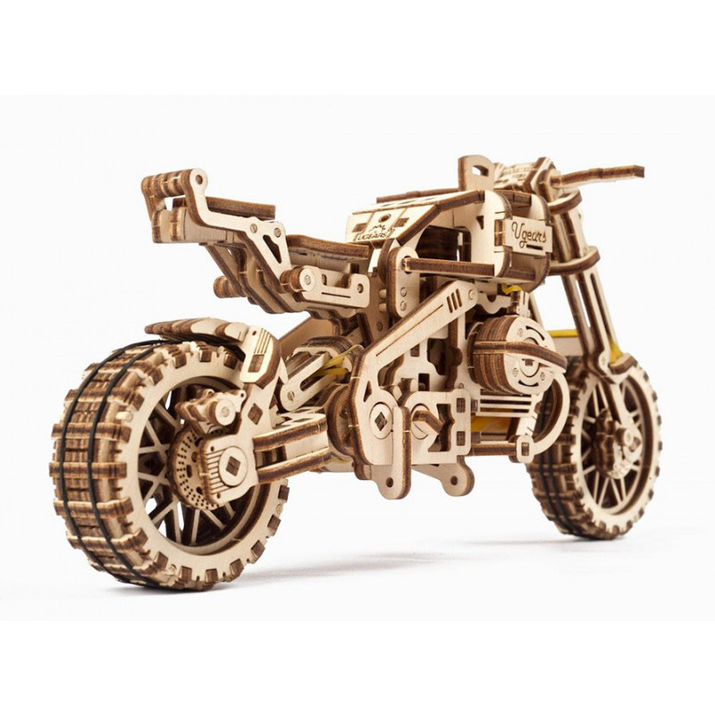Дерев'яний механічний 3D конструктор Мотоцикл Scramber з коляскою Ukrainian Gears 70137, 380 деталей 