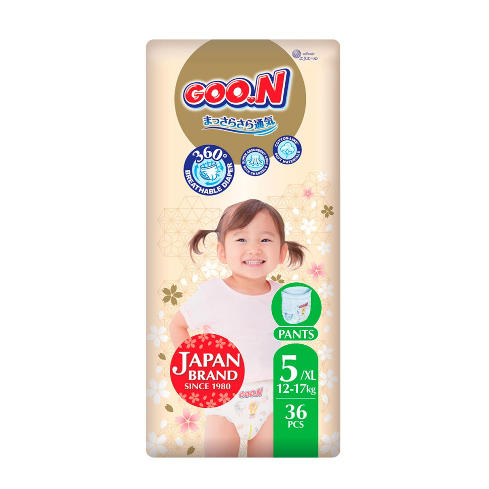 Трусики-подгузники для детей GOO.N Premium Soft F1010101-158, 12-17 кг (размер 5(XL), унисекс 36 шт)