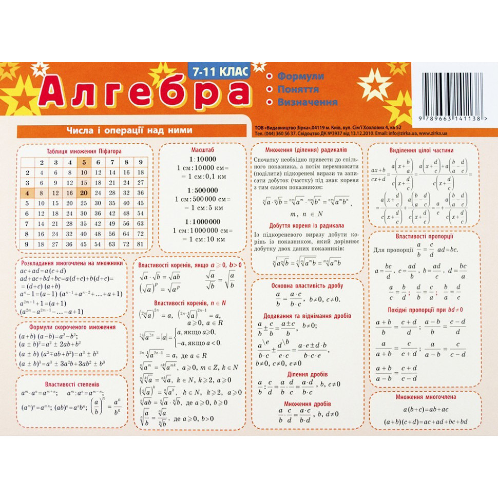 Картонка-подсказка Алгебра 7-11 кл. ZIRKA 66438