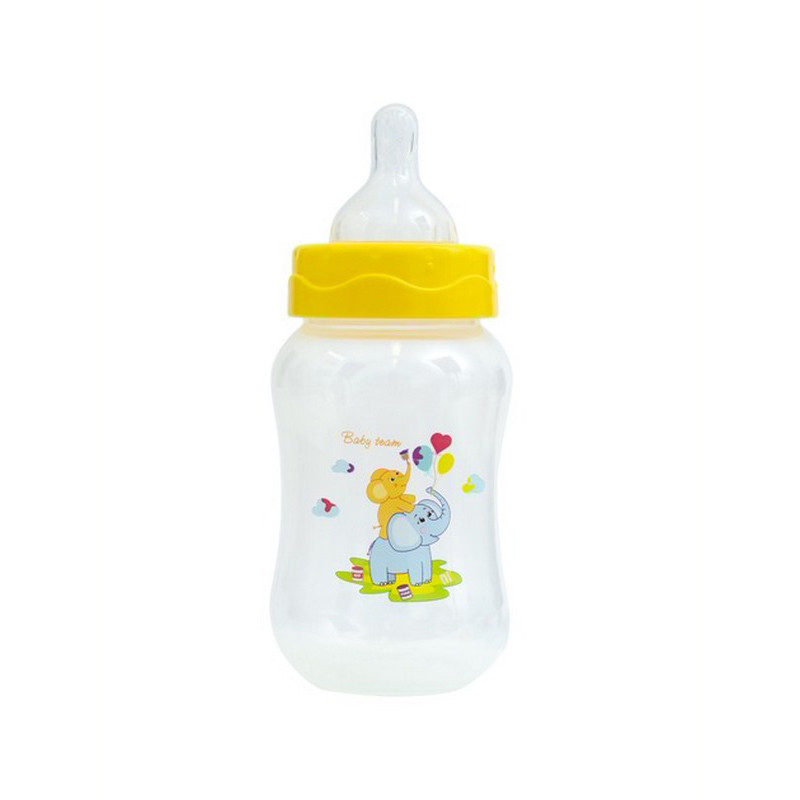 Пляшечка для годування з широким горлом та силіконовою соскою Baby Team 1002 жовтий 250 мл
