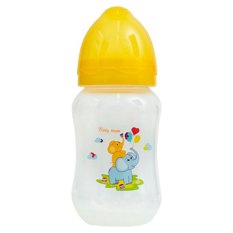 Пляшечка для годування з широким горлом та силіконовою соскою Baby Team 1002 жовтий 250 мл