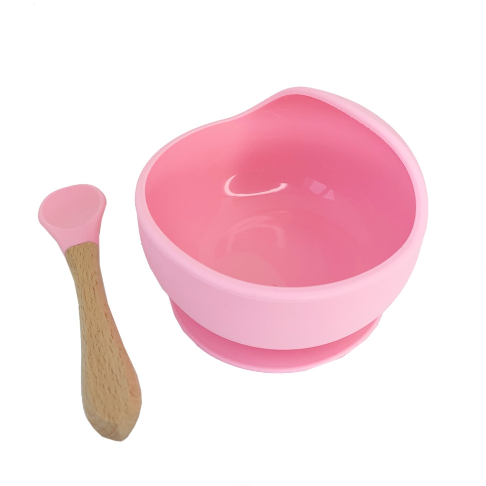 Силіконова тарілка на присосці з дерев'яною ложкою Mega Zayka MGZ-0103(Pink) 300 мл