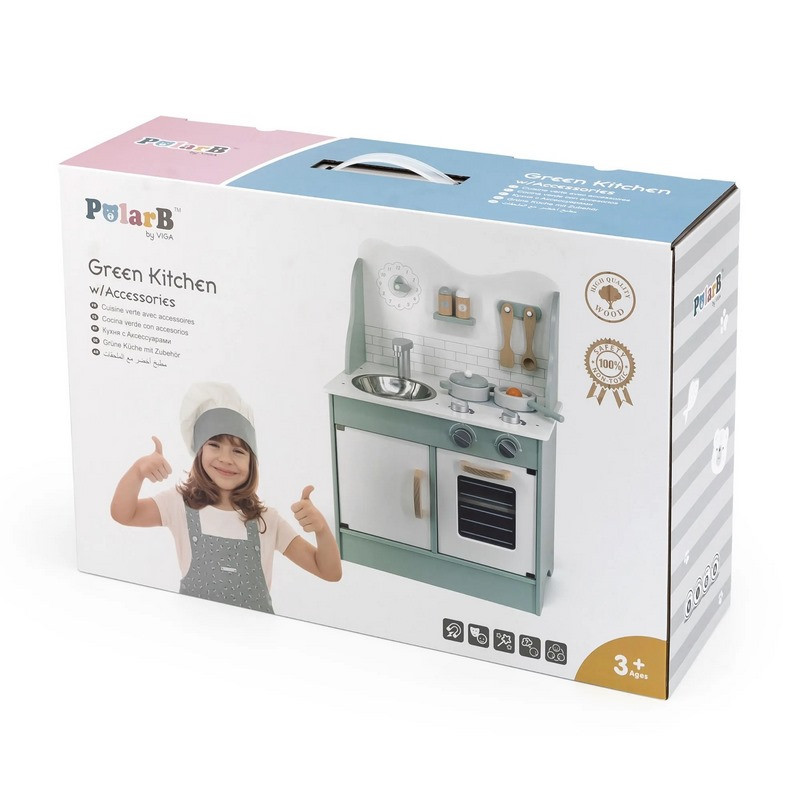 Детская кухня PolarB Viga Toys 44048 из дерева с аксессуарами, зеленый