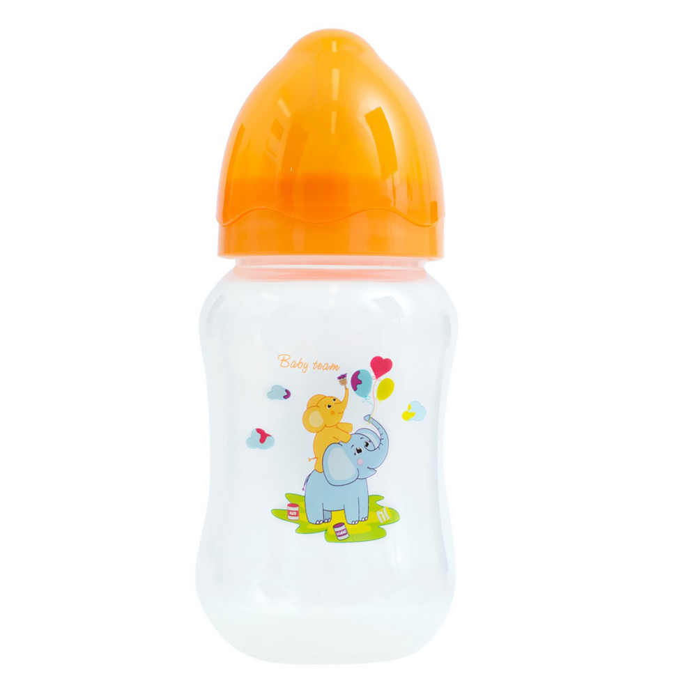 Пляшечка для годування з широким горлом та силіконовою соскою Baby Team 1002 помаранчевий 250 мл