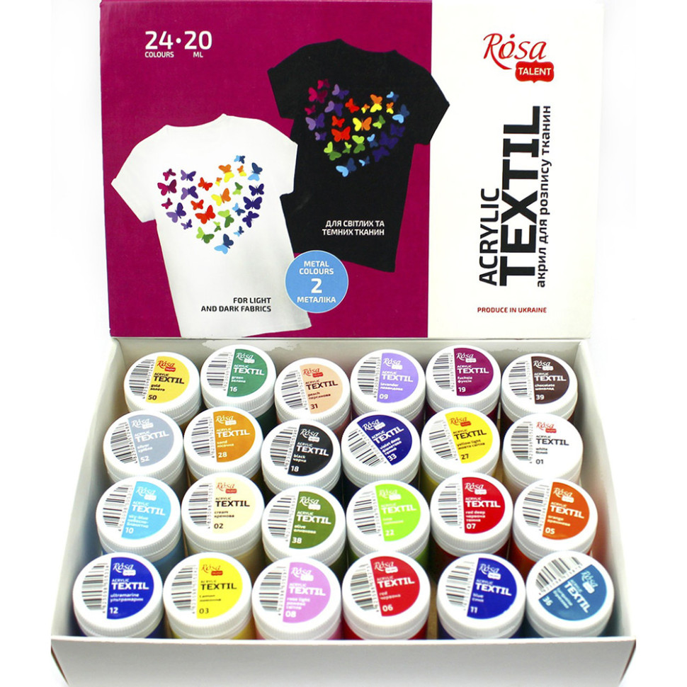 Набор акриловой краски для росписи тканей Rosa 13420217, 24 баночки