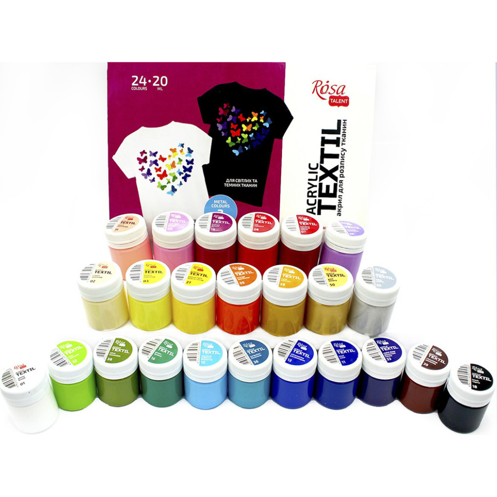 Набор акриловой краски для росписи тканей Rosa 13420217, 24 баночки