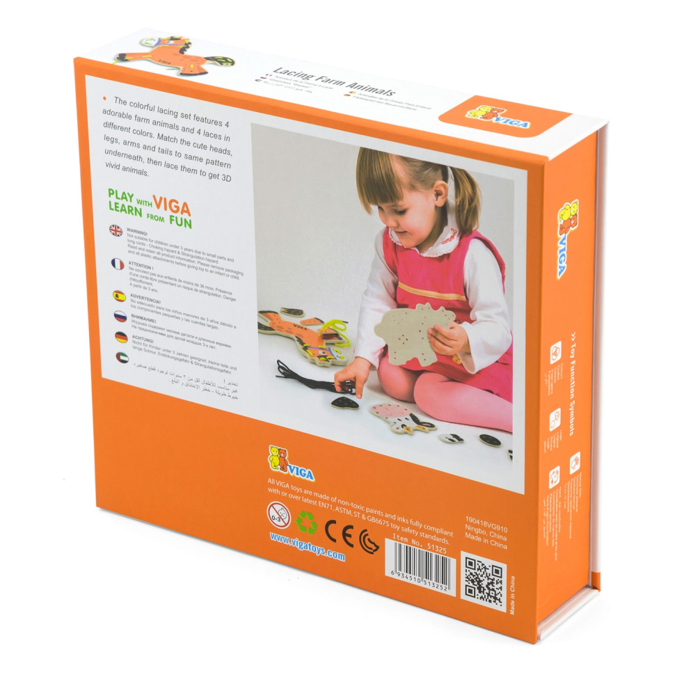 Дерев'яна шнурівка Фермерські звірята Viga Toys 51325, 4 тваринки