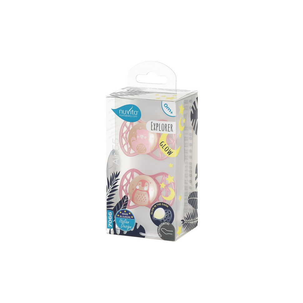 Пустышка Nuvita 7066 Air55 Explorer ортодонтическая 0m+ светящаяся в темноте (мишка, пингвин) 2шт NV7066GF