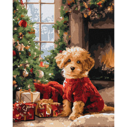 Картина по номерам "Пудель у елки" Идейка KHO6832, 40х50 см
