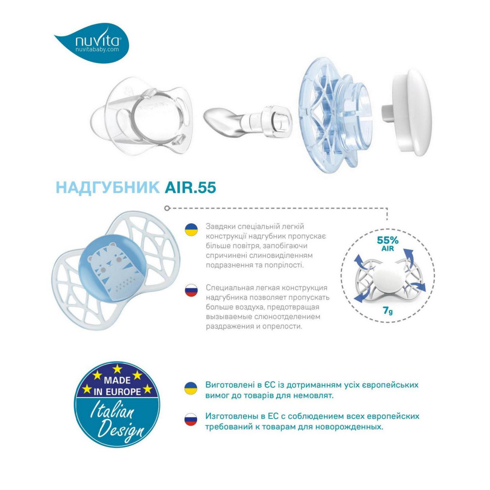 Пустушка Nuvita 7067 Air55 Explorer симетрична 0m+ (заєць, ведмідь) 2шт NV7067F