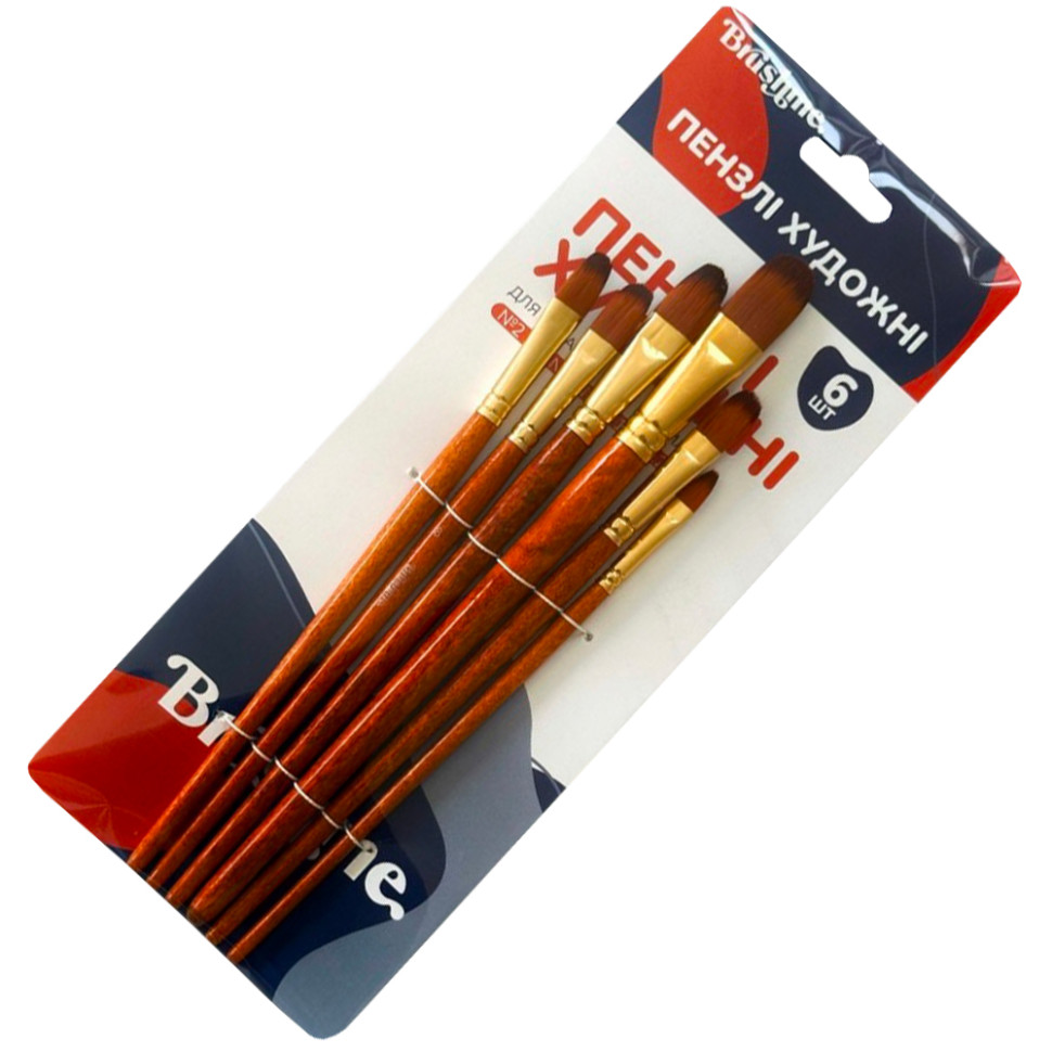 Набор профессиональных нейлоновых кисточек Brushme BR650, 6 штук, форма FILBERT