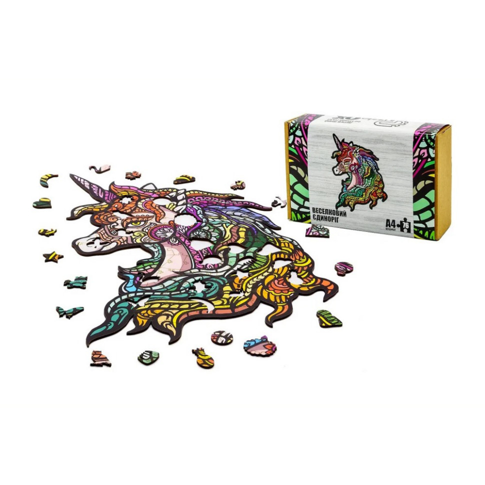 Фигурный деревянный пазл A4 Радужный Единорог PuzzleOK PuzA4-00701, 76 деталей