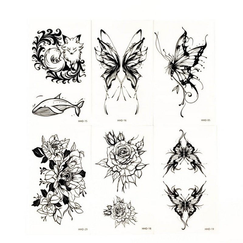 Набор временных тату «Бабочки и цветы №1» Fresh Tattoo black-tattoo-mini-set-f01 из 6 черных по 9,5 х 5,5 см