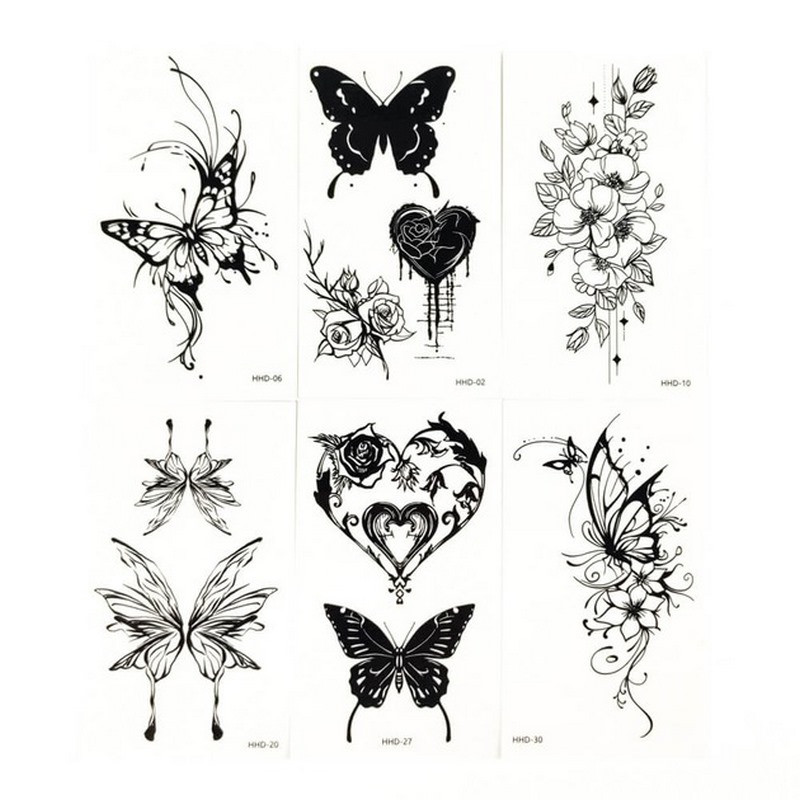 Набор временных тату «Бабочки и цветы №2» Fresh Tattoo black-tattoo-mini-set-f02 из 6 черных по 9,5 х 5,5 см
