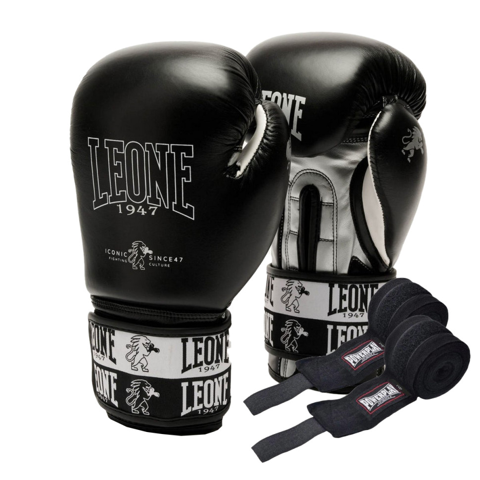 Боксерські рукавиці GN208 ICONIC Leone GN208_Black_12oz 12 унцій (бинти в комплекті)