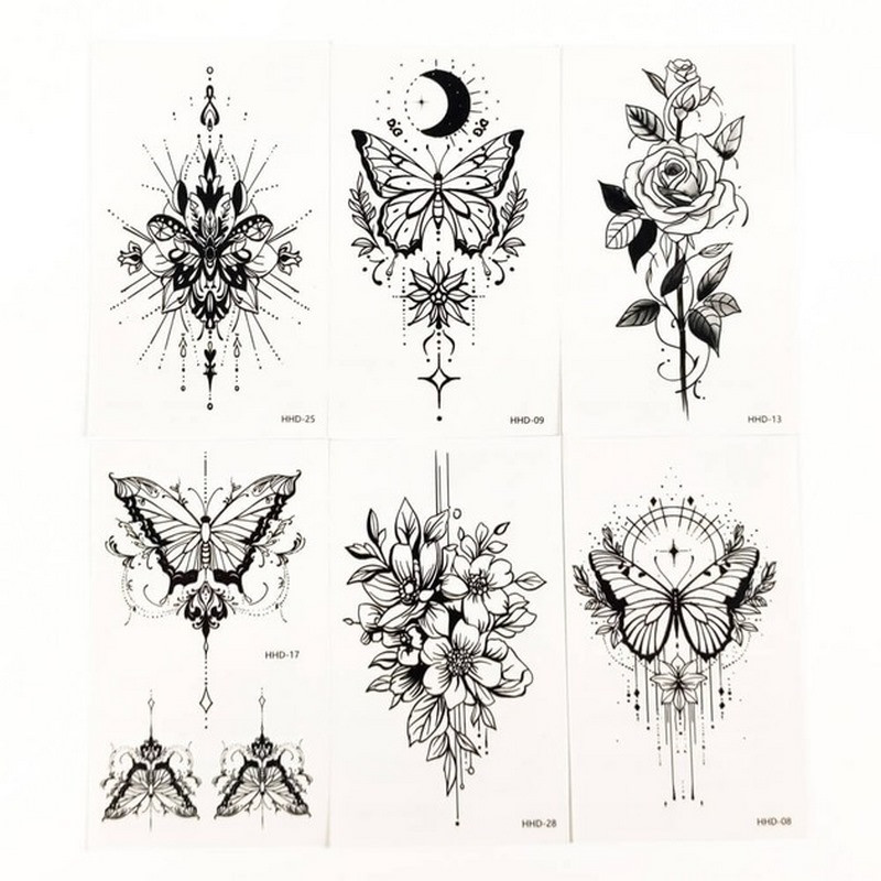 Набор временных тату «Бабочки и цветы №3» Fresh Tattoo black-tattoo-mini-set-f03 из 6 черных по 9,5 х 5,5 см