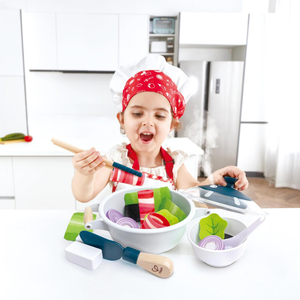 Детский кухонный набор Посуда с продуктами Hape E3198 с холодным паром