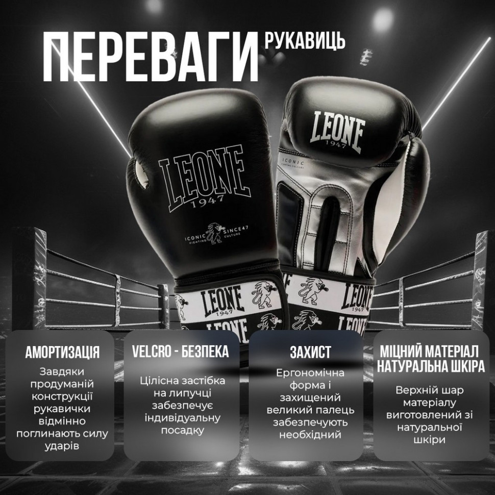 Боксерские перчатки GN208 ICONIC Leone GN208_Black_16oz 16 унций (бинты 4 м. в комплекте)